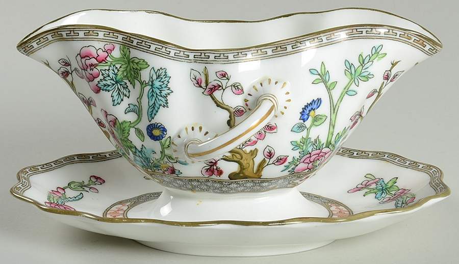 Indian Tree Multicolor (Scalloped, Older) Gravy Boat with Attached Underplate by Coalport-1