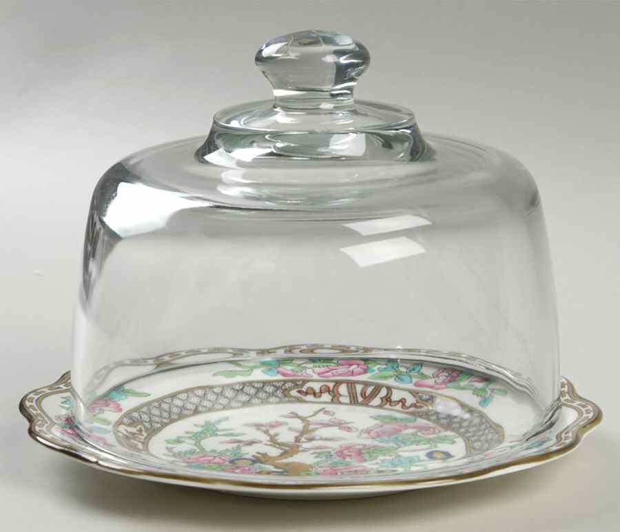 Indian Tree Multicolor (Scalloped, Older) 6 1/2"-7 1/2" Footed Cheese Plate w/ Glass Dome HC by Coalport-1