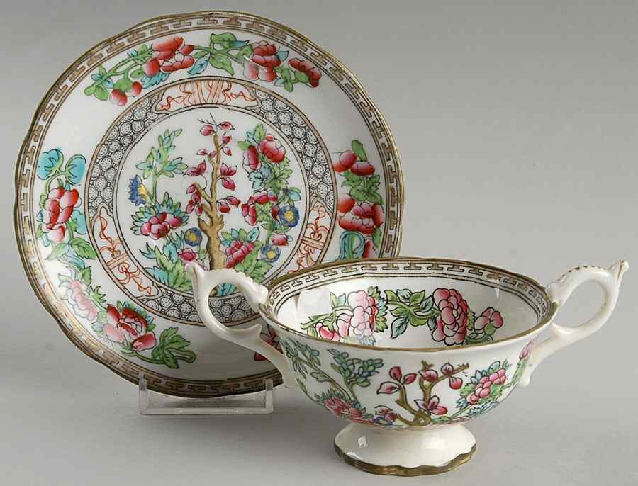 Indian Tree Multicolor (Scalloped, Older) Footed Cream Soup Bowl & Saucer Set by Coalport-1