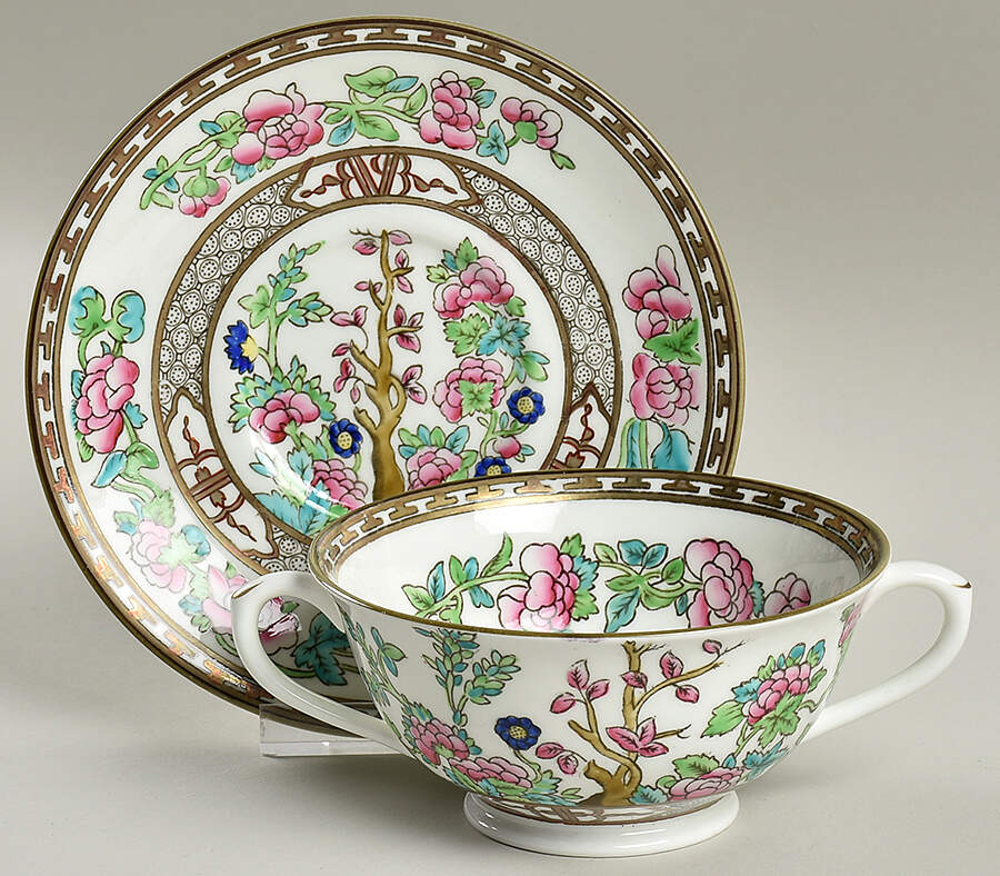 Indian Tree Multicolor (Smooth Edge) Footed Cream Soup Bowl & Saucer Set by Coalport-1