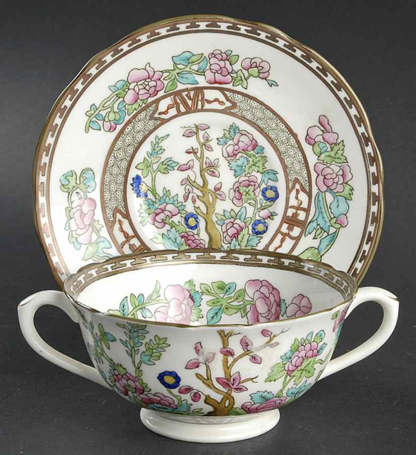Indian Tree Multicolor (Semi Scalloped) Footed Cream Soup Bowl & Saucer Set by Coalport-1