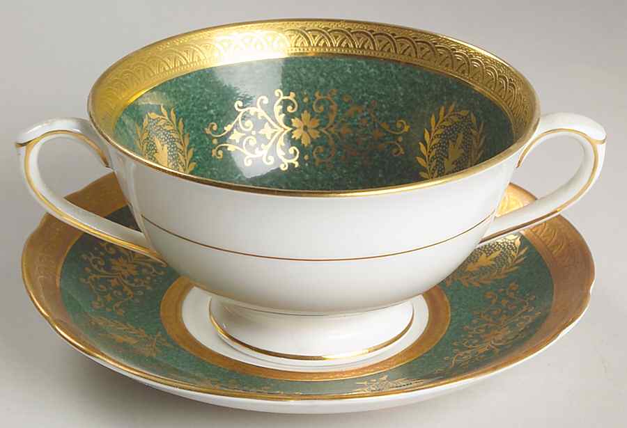 Lady Anne Green Footed Cream Soup Bowl & Saucer Set by Coalport-1