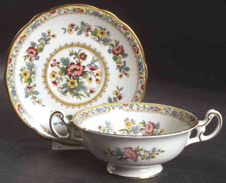 Ming Rose Footed Cream Soup Bowl & Saucer Set by Coalport-1
