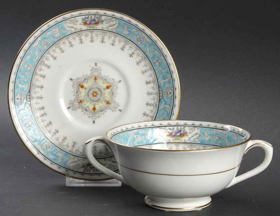 Montreal Turquoise Footed Cream Soup Bowl & Saucer Set by Coalport-1