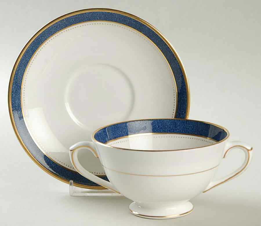 Norfolk Blue Footed Cream Soup Bowl & Saucer Set by Coalport-1