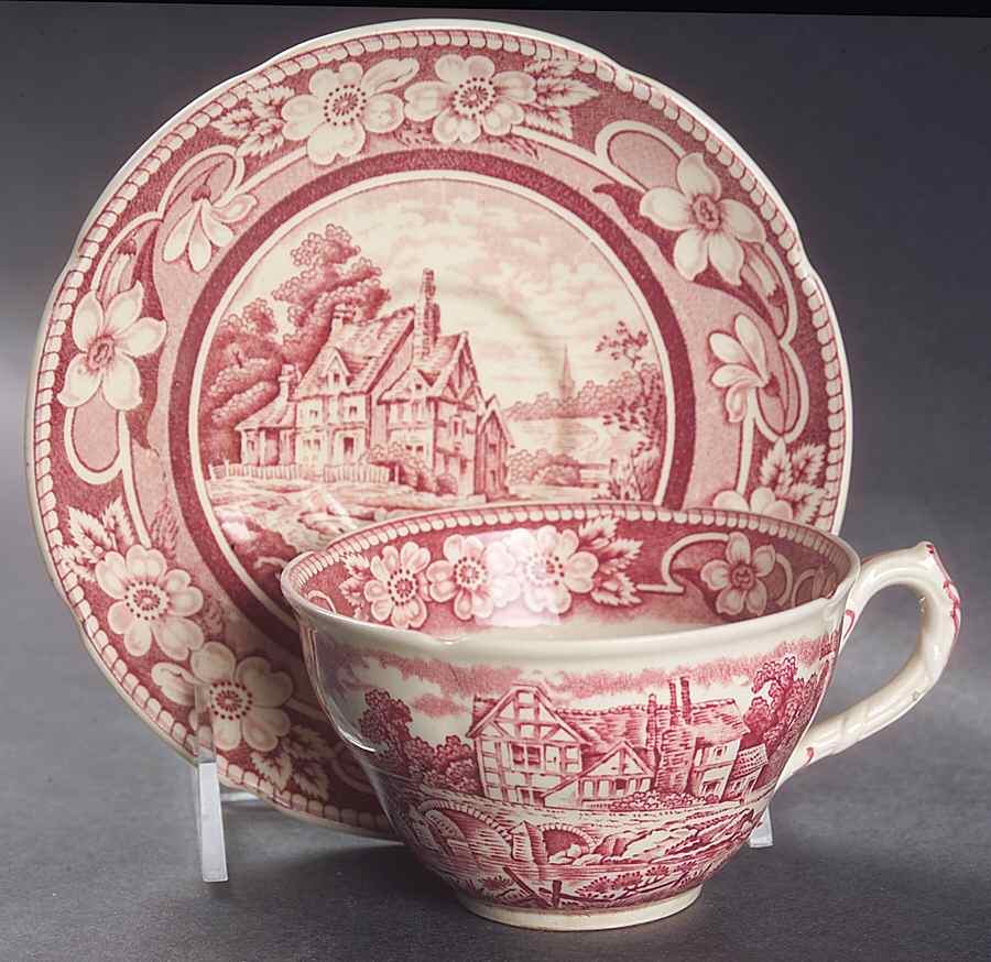 Pastoral Cranberry Red (Not Embossed) Flat Cup & Saucer Set by Coalport-1