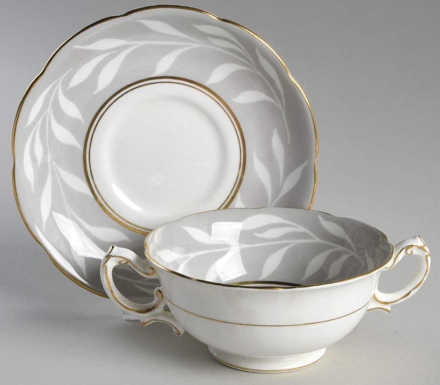 Phantom Grey (Gold Trim) Footed Cream Soup Bowl & Saucer Set by Coalport-1