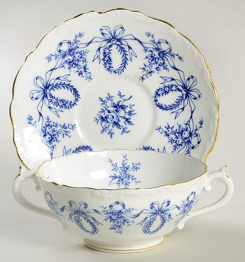 Queensbury Blue (Scalloped) Footed Cream Soup Bowl & Saucer Set by Coalport-1