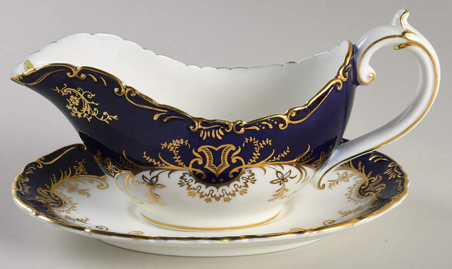 Sandringham Cobalt Blue (Floral, Gold Trim) Gravy Boat & Underplate by Coalport-1