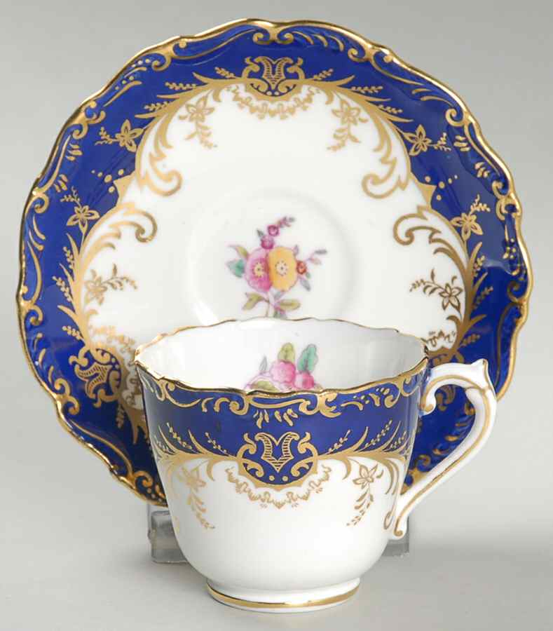 Sandringham Cobalt Blue (Floral, Gold Trim) Footed Demitasse Cup & Saucer Set by Coalport-1