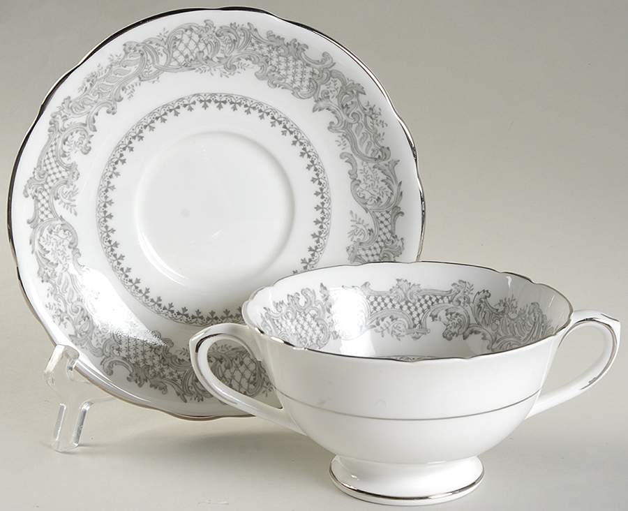 Silver Wedding Footed Cream Soup Bowl & Saucer Set by Coalport-1