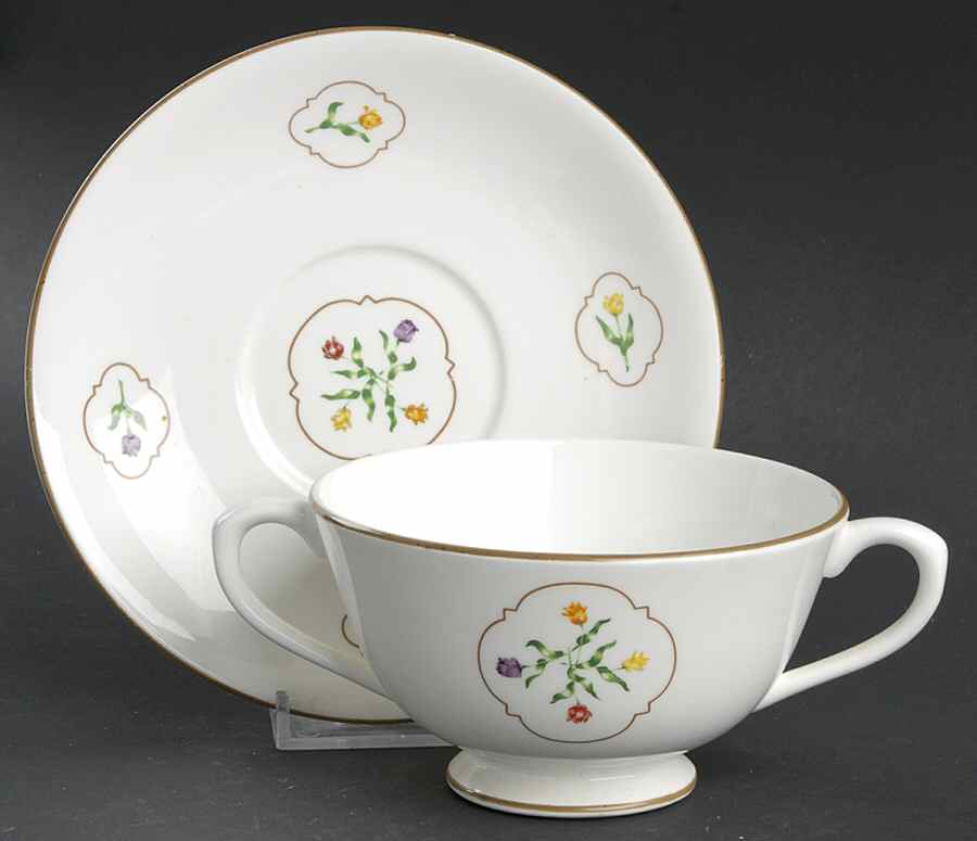 Tulip Medallion Footed Cream Soup Bowl & Saucer Set by Coalport-1