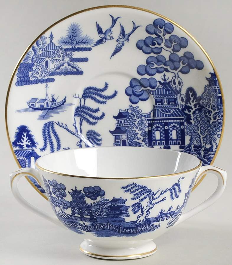 Willow Footed Cream Soup Bowl & Saucer Set by Coalport-1