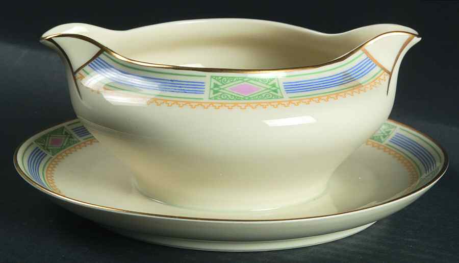 Noblesse (Geometric Design with Blue Lines) Gravy Boat with Attached Underplate by Community-1