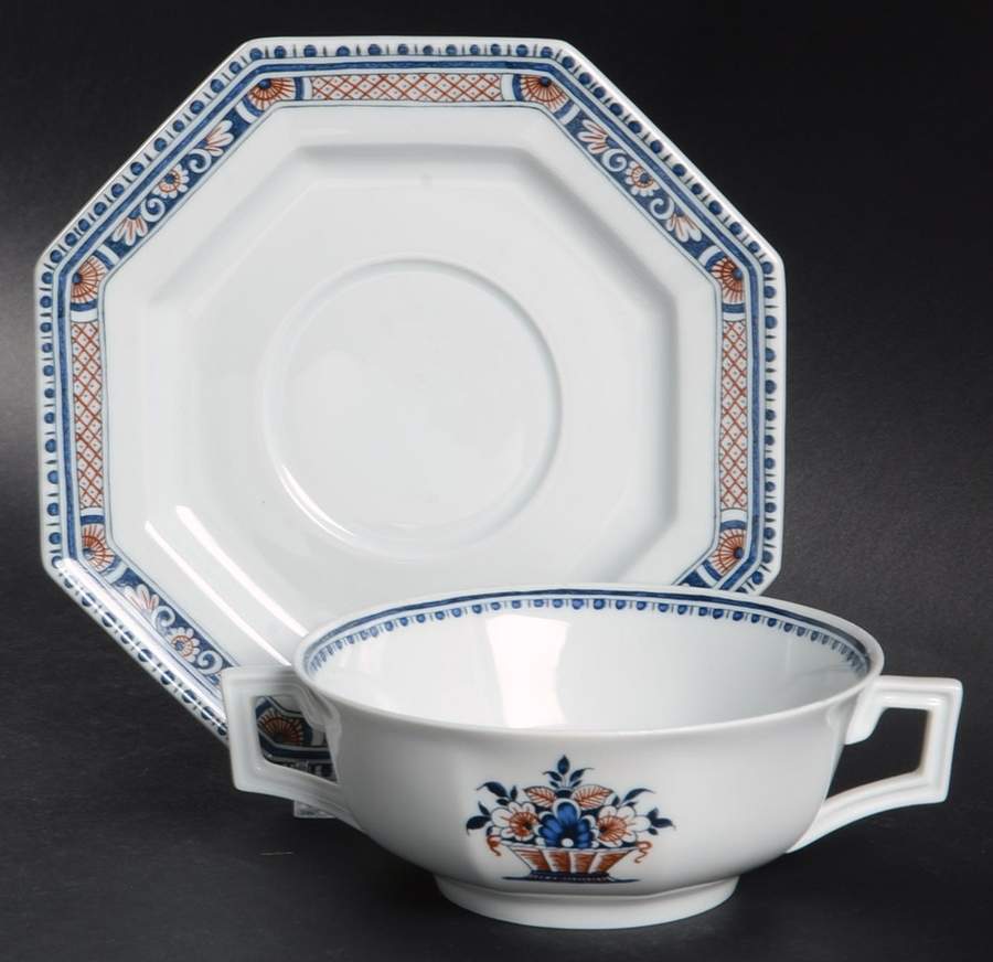 Vieux Rouen XVIII Footed Cream Soup Bowl & Saucer Set by Jean Louis Coquet-1