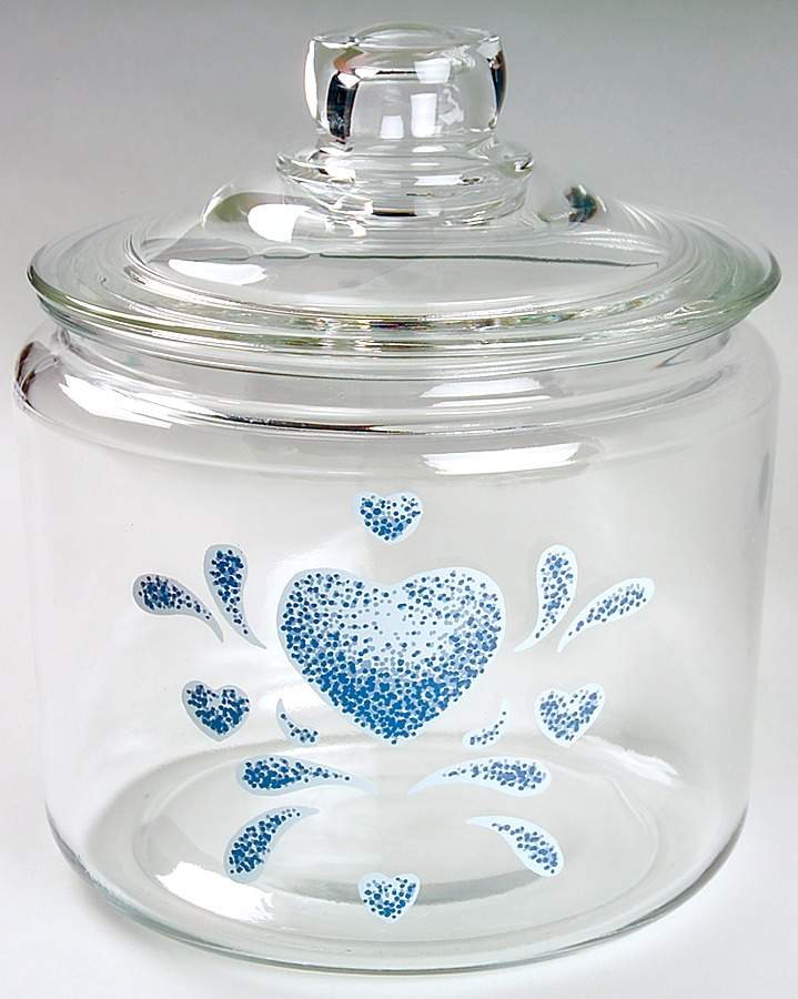 Blue Hearts (Corelle) Glassware Cookie Jar & Lid by Corning Corelle-1