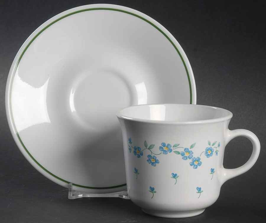 Forget Me Not (Rim, Corelle) Flat Cup & Saucer Set by Corning Corelle-1