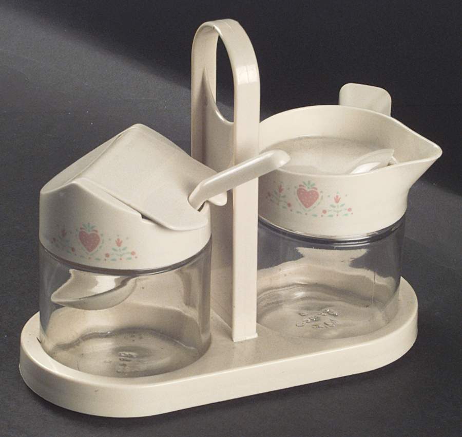 Forever Yours (Corelle) Glass Creamer & Sugar w/Plastic Lids,Spoon & Tray by Corning Corelle-1