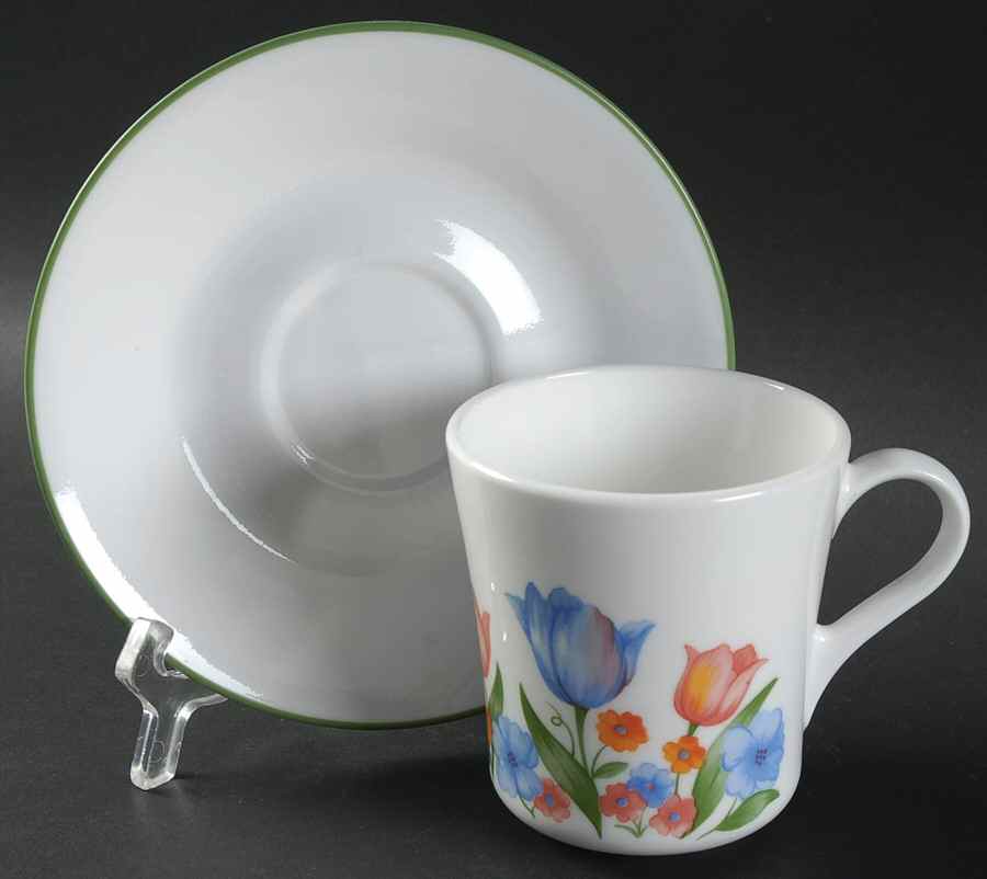 Fresh Cut (Green Trim, Corelle) Flat Cup & Saucer Set by Corning Corelle-1