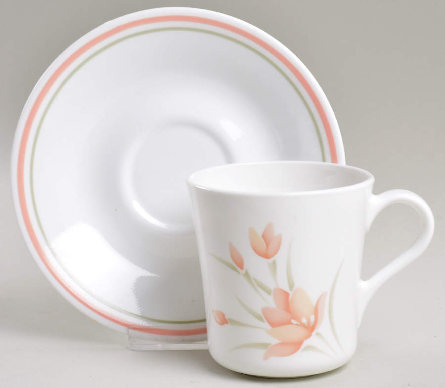 Peach Floral (Corelle) Flat Cup & Saucer Set by Corning Corelle-1