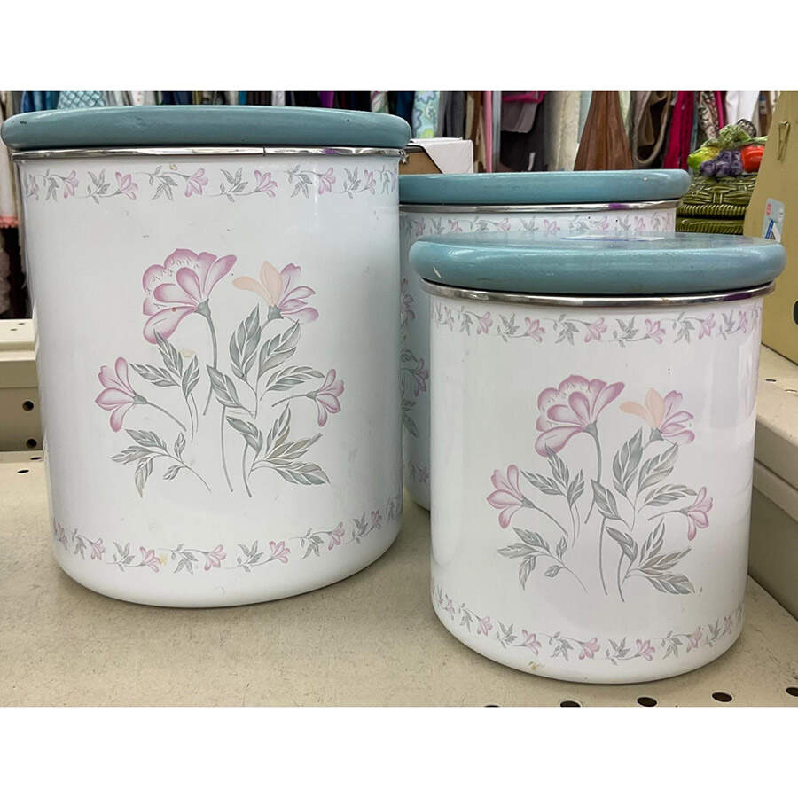 Pink Trio (Corelle) Medium Metal Canister & Wood Lid by Corning Corelle-1