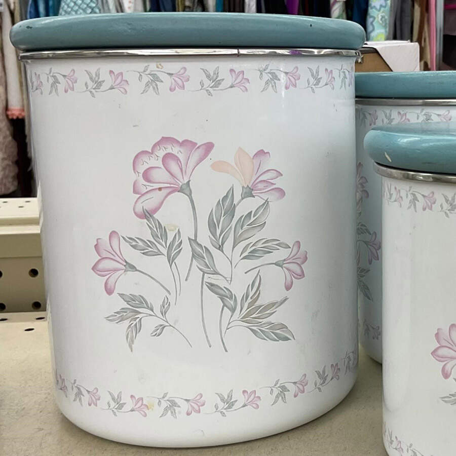 Pink Trio (Corelle) Large Metal Canister & Wood Lid by Corning Corelle-1