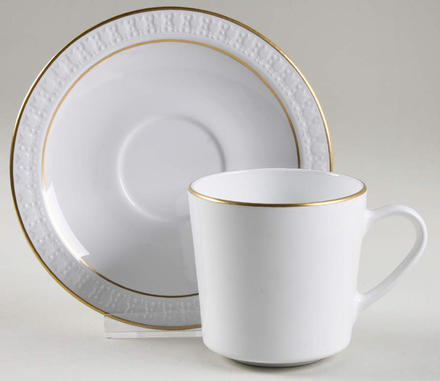 Sculptured Rim (Gold Trim, Pyroceram, Centura) Flat Cup & Saucer Set by Corning Corelle-1