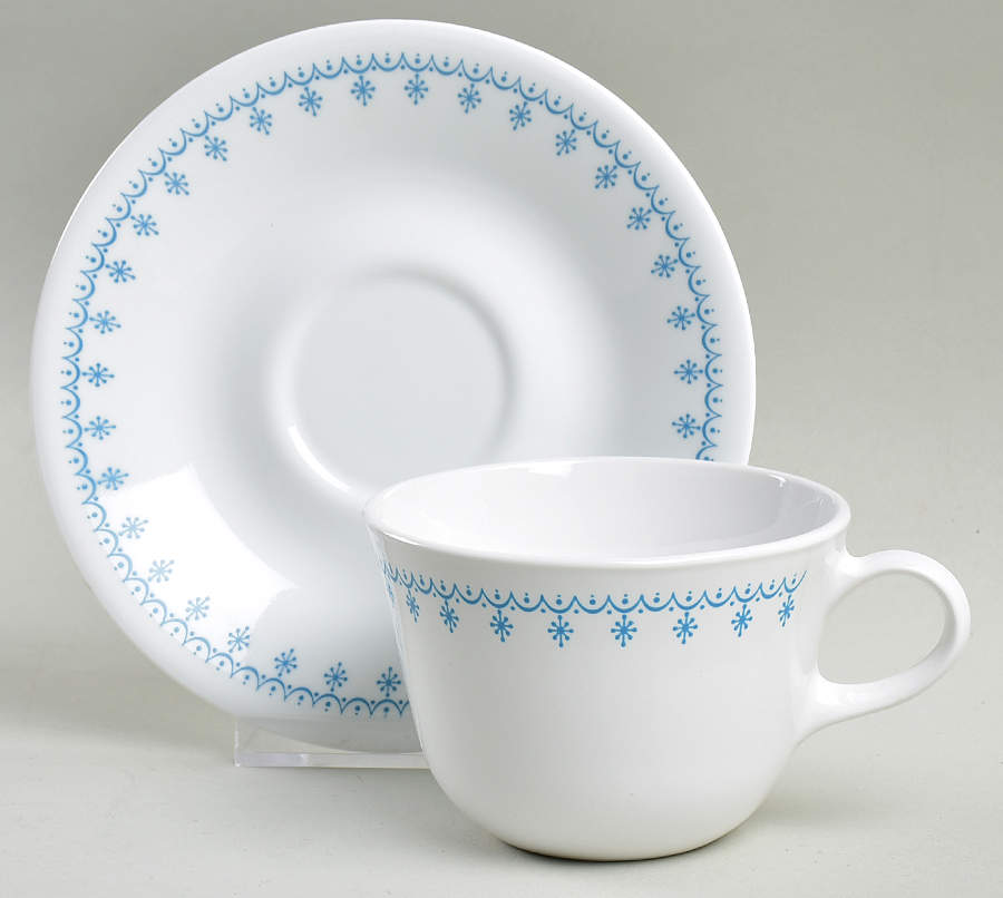 Snowflake Blue (Corelle) Flat Cup & Saucer Set by Corning Corelle-1