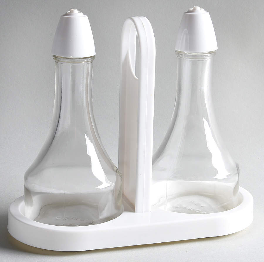 White Coupe Glass Oil/Vinegar Shaker Set W/Plastic Holder by Corning Corelle-1