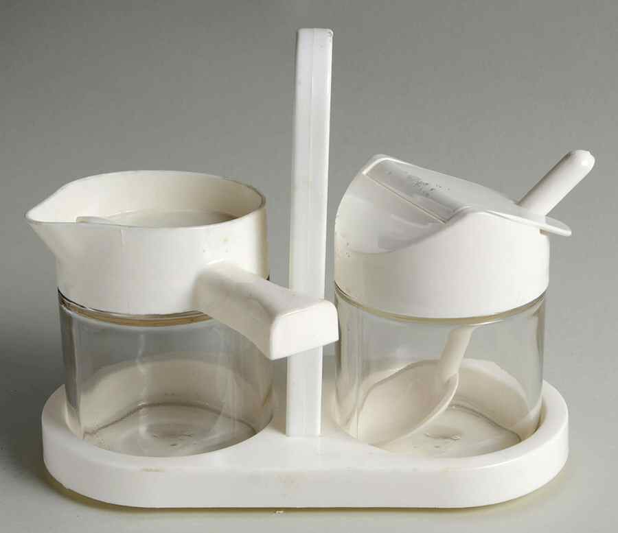 White Coupe Glass Creamer & Sugar w/Plastic Lids,Spoon & Tray by Corning Corelle-1