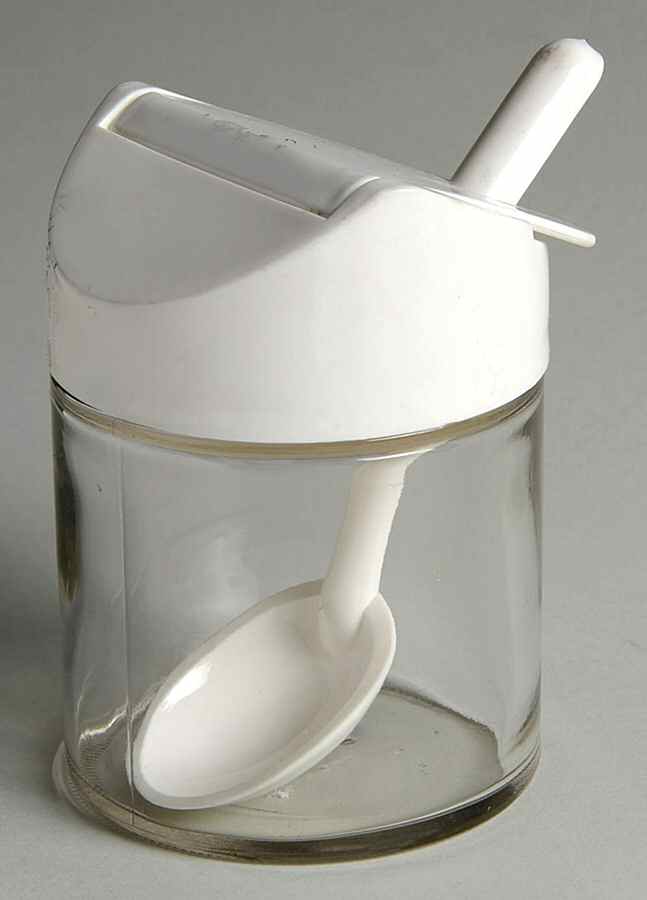 White Coupe Glass Sugar Bowl w/Plastic Lid & Spoon by Corning Corelle-1