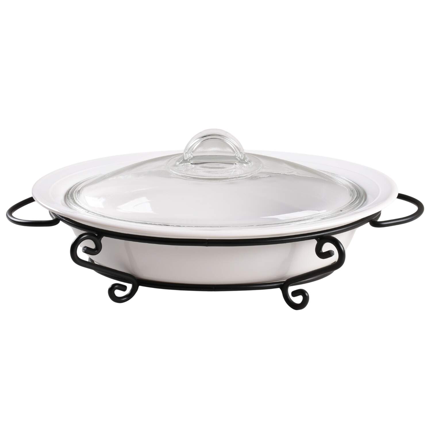 White Flora 2.25 Quart Oval Covered Casserole with Metal Stand by Corning Corelle-1