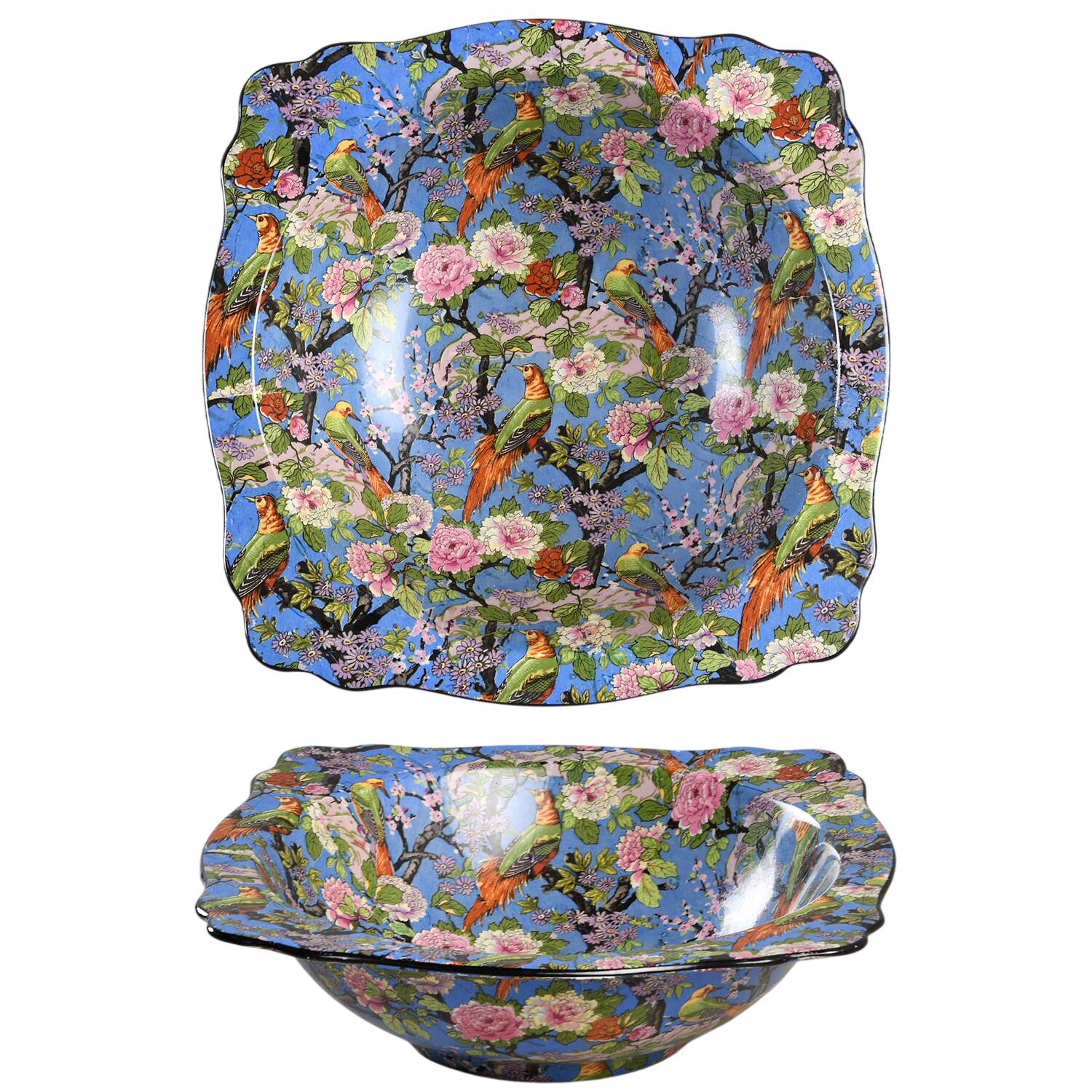 Blue Chintz (Black Trim) 9" Square Vegetable Bowl by Crown Ducal-1