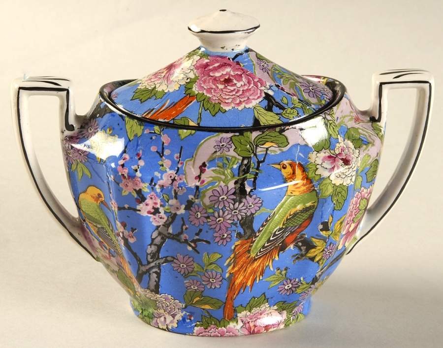 Blue Chintz (Black Trim) Sugar Bowl & Lid by Crown Ducal-1