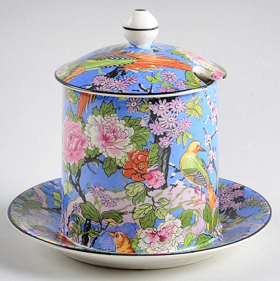 Blue Chintz (Black Trim) Jam/Jelly & Lid w/Attached Underplate by Crown Ducal-1