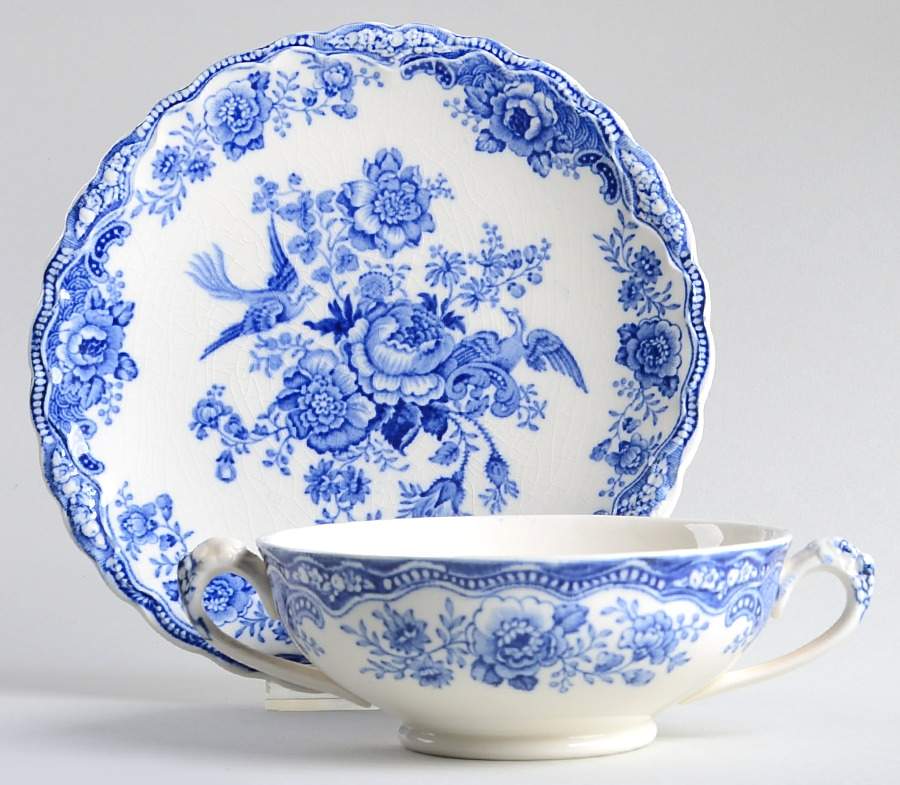 Bristol Blue Scalloped Footed Cream Soup Bowl & Saucer Set by Crown Ducal-1