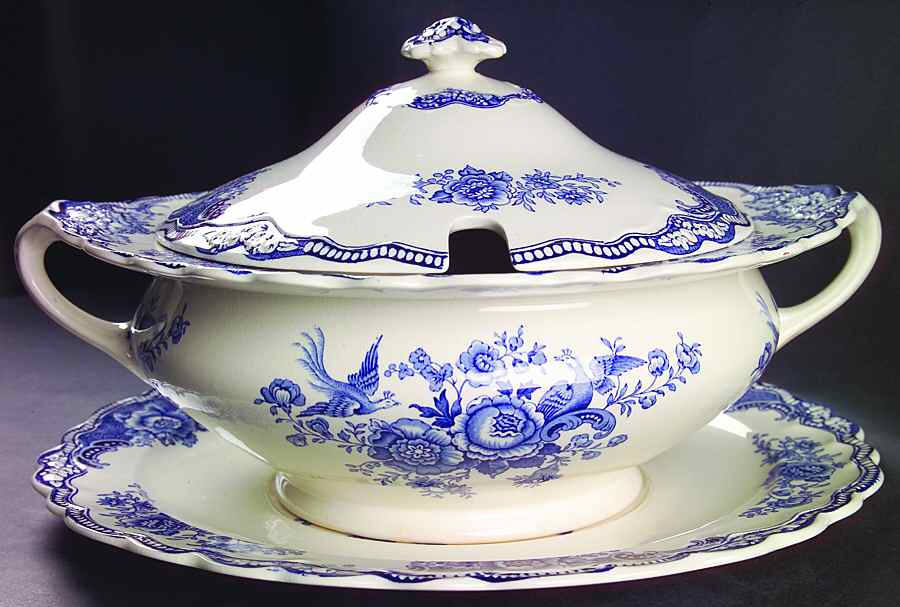 Bristol Blue Scalloped Tureen & Lid w/Underplate by Crown Ducal-1