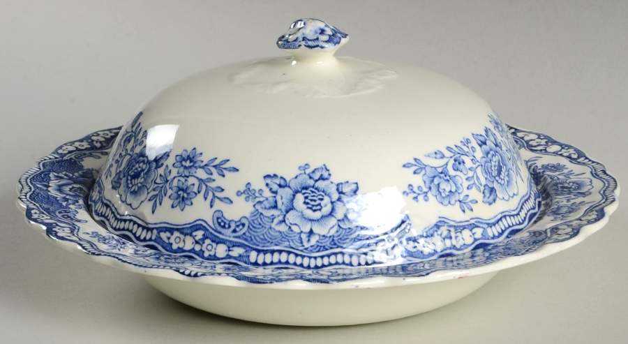 Bristol Blue Scalloped Round Covered Butter by Crown Ducal-1