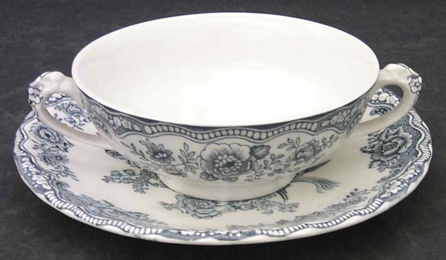 Bristol Dove Grey Footed Cream Soup Bowl & Saucer Set by Crown Ducal-1