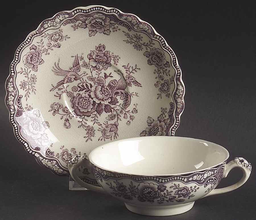 Bristol Mulberry Flat Cream Soup Bowl & Saucer Set by Crown Ducal-1