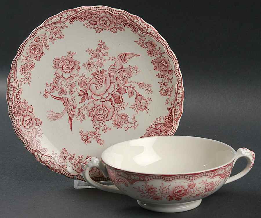 Bristol Pink (Cream) Footed Cream Soup Bowl & Saucer Set by Crown Ducal-1