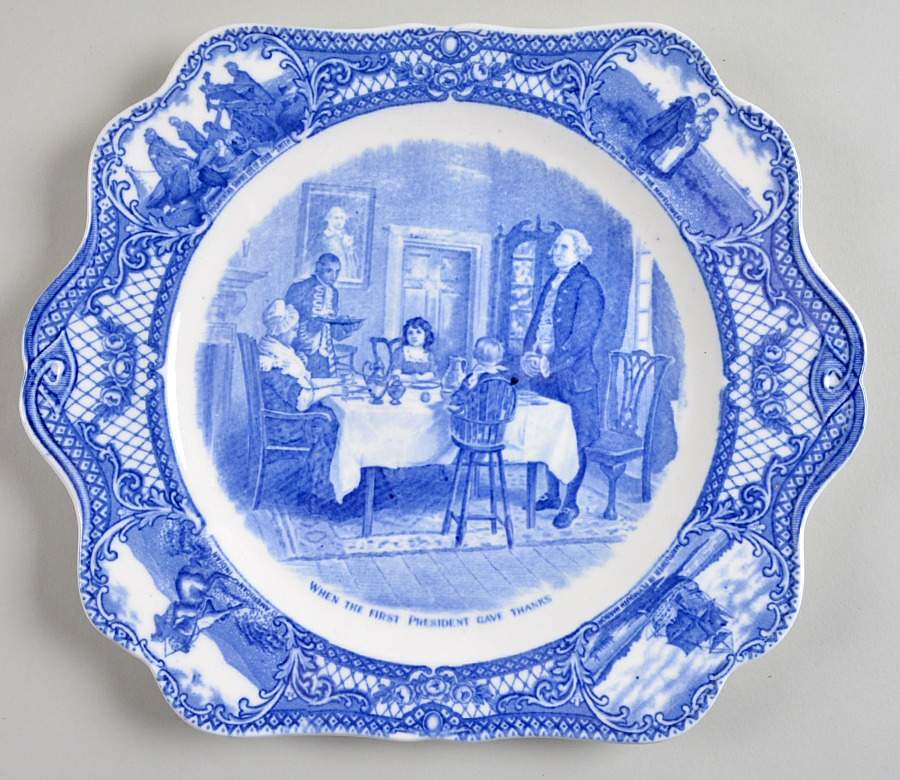 Colonial Times Blue (Floral & Scene Border) Square Handled Cake Plate by Crown Ducal-1