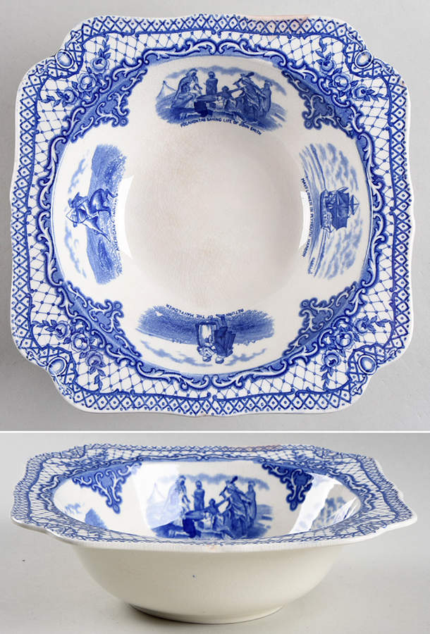 Colonial Times Blue (Floral & Scene Border) 8" Square Vegetable Bowl by Crown Ducal-1