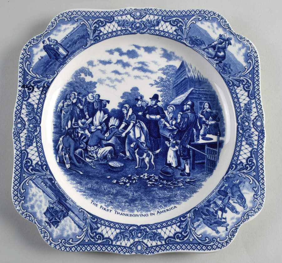 Colonial Times Blue (Floral & Scene Border) 12" Square Chop Plate by Crown Ducal-1