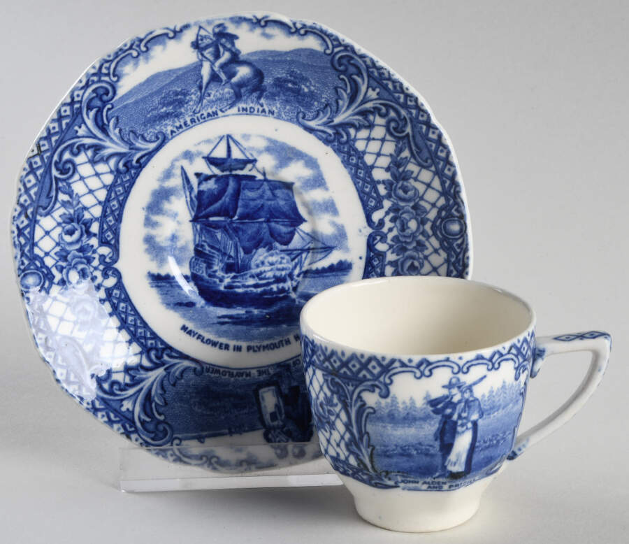Colonial Times Blue (Floral & Scene Border) Flat Demitasse Cup & Saucer Set by Crown Ducal-1