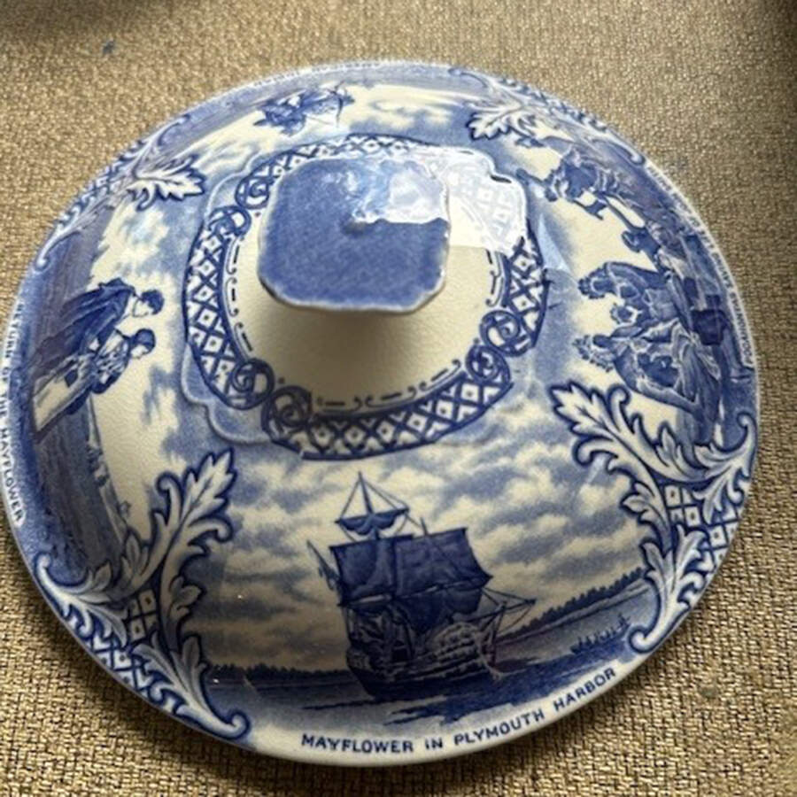 Colonial Times Blue (Floral & Scene Border) Lid for Square Vegetable by Crown Ducal-1