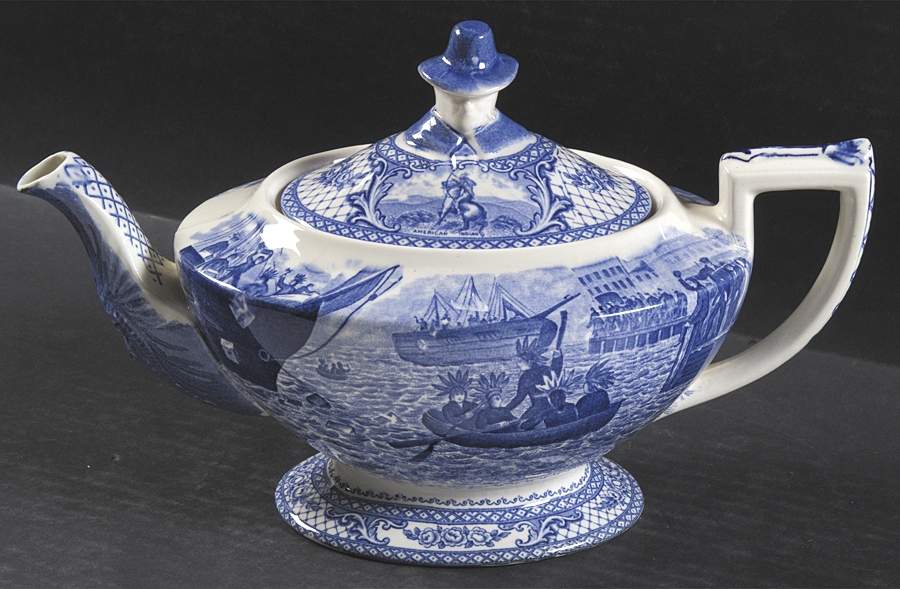 Colonial Times Blue (Floral & Scene Border) Teapot & Lid by Crown Ducal-1