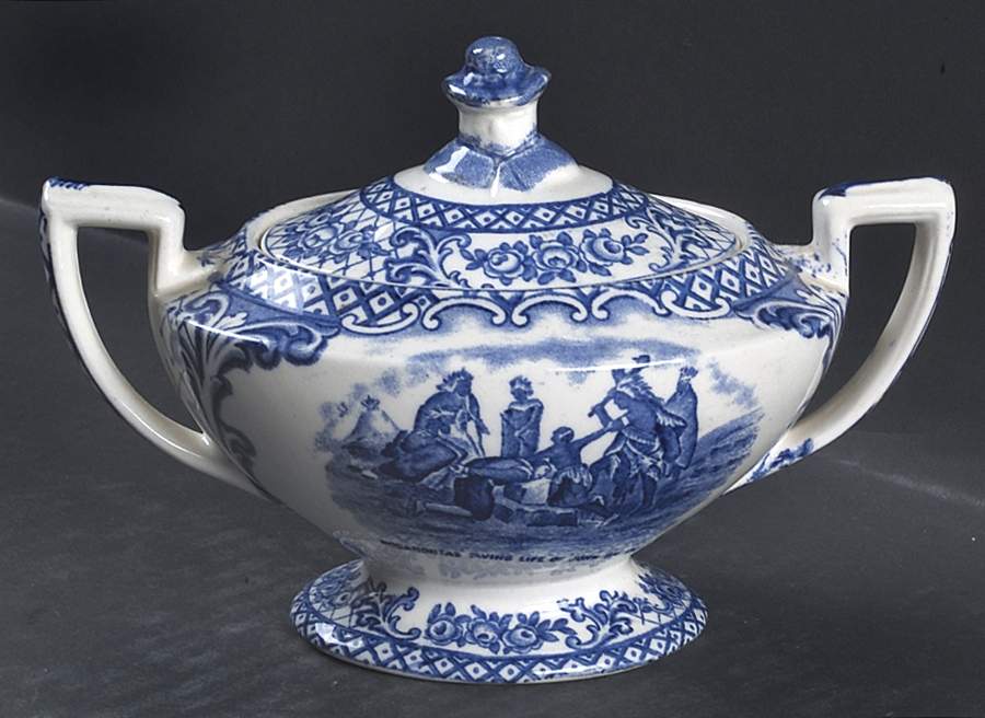 Colonial Times Blue (Floral & Scene Border) Sugar Bowl & Lid by Crown Ducal-1