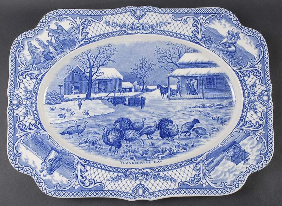 Colonial Times Blue (Floral & Scene Border) 17" Oval Serving Platter by Crown Ducal-1