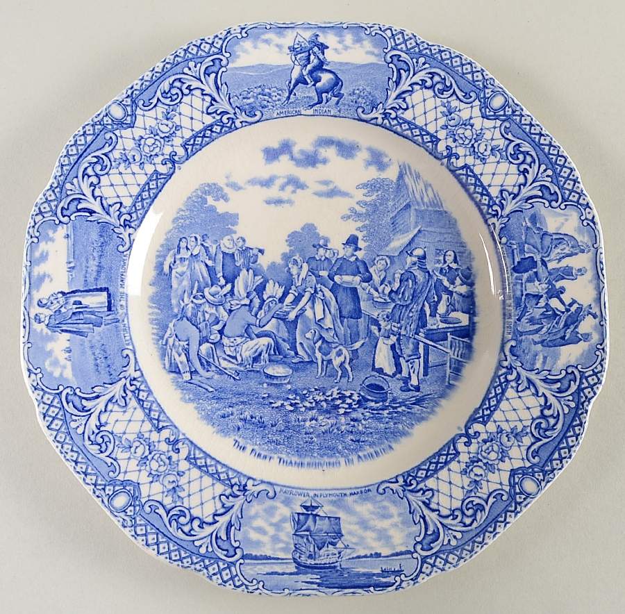 Colonial Times Blue (Floral & Scene Border) Dinner Plate by Crown Ducal-1